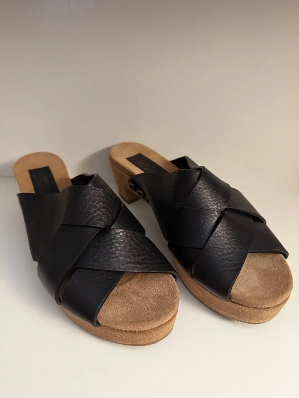 Women's Black Leather Cross-Strap Slide Sandals